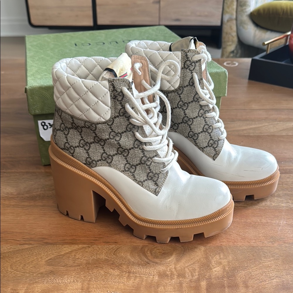 Gucci White and Tan Lace Up Boots with Chunky Sole